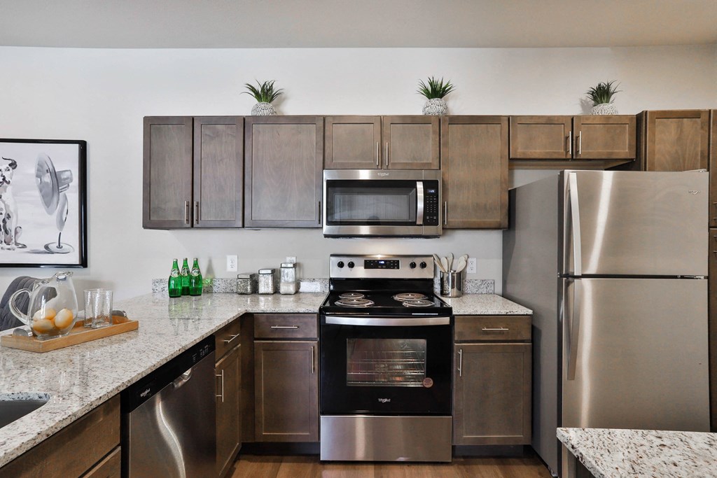 modern kitchen with stainless steel appliances  at Aventura at Hawk Ridge, Missouri