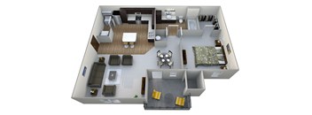 a 3d rendering of a floor plan with a bedroom and living room