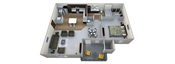 a 3d rendering of a floor plan with a bedroom and living room