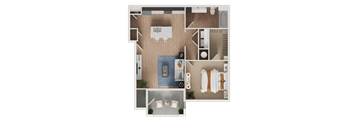 A top-down view of a room with a bed, a couch, a table, and a kitchen area.