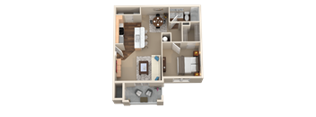1 Bed 1 Bath 3D Floor Plan at Plantation Crossing, Lafayette