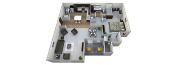 a 3d rendering of a floor plan with a bedroom and living room