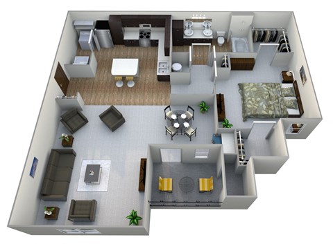 a 3d rendering of a floor plan with a bedroom and living room
