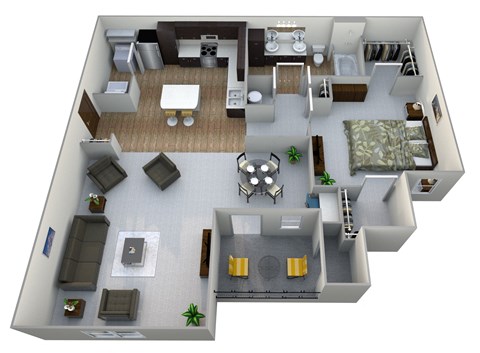 a 3d rendering of a floor plan with a bedroom and living room