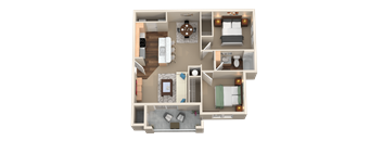 2 Bed 1 Bath 3D Floor Plan at Plantation Crossing, Lafayette, 70508