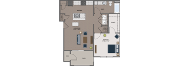 A floor plan of a house with a living room, kitchen, bathroom, and two bedrooms.
