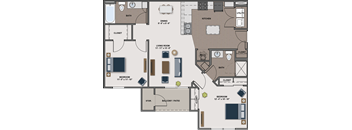 A floor plan of a house with a living room, dining room, kitchen, and two bedrooms.