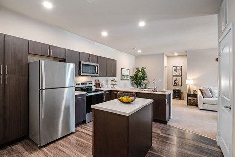 a kitchen with stainless steel appliances and a counter with a bowl of fruit
