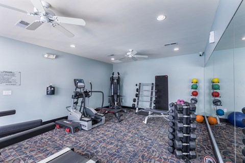 a gym with weights and cardio machines and a ceiling fan at Aventura at Forest Park, Missouri