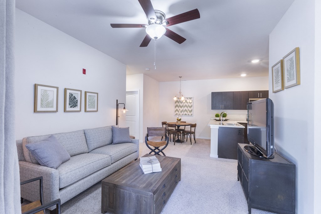 a living room with a couch and a tv at Aventura at Towne Centre, Missouri, 63011