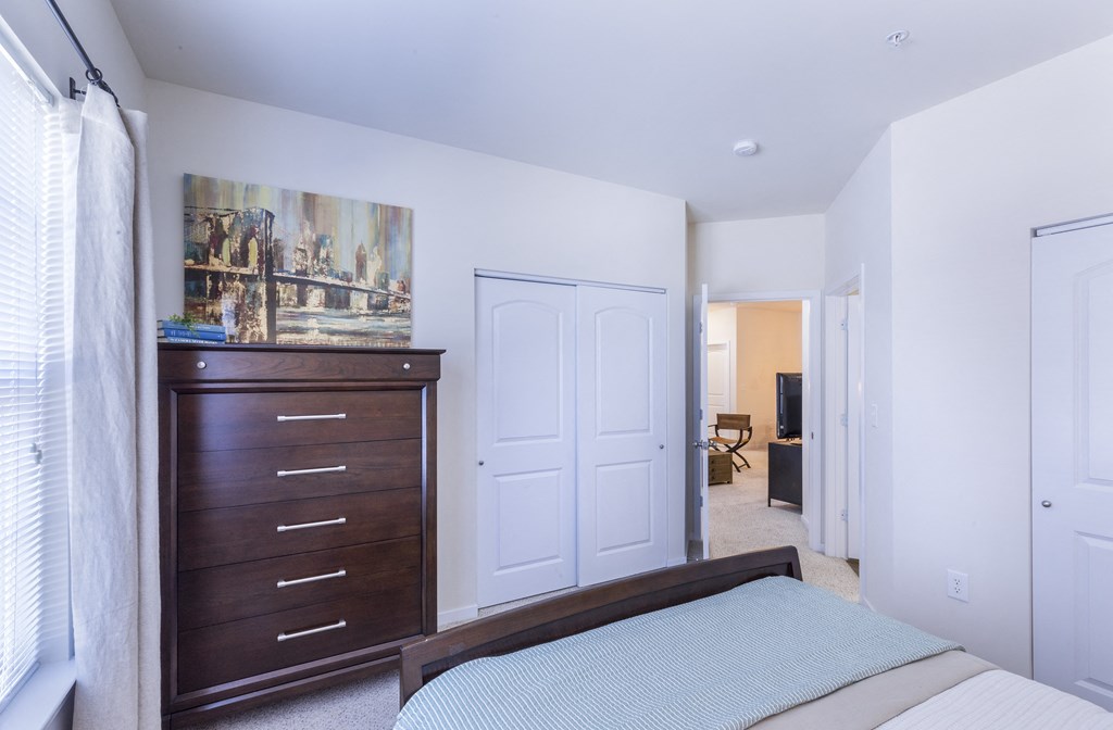 a bedroom with a bed and a dresser and a closet at Aventura at Towne Centre, Ellisville, 63011