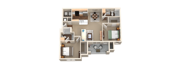 2 Bed 2 Bath 3D Floor Plan at Plantation Crossing, Lafayette, LA, 70508