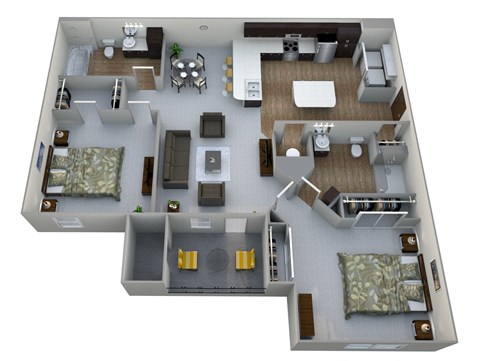 a 3d drawing of a floor plan with a bedroom and living room