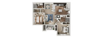 A detailed 3D floor plan of a house layout.