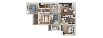 A detailed 3D floor plan of a house showing all rooms and furniture layout.