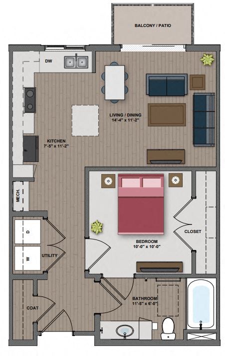 a floor plan of a small apartment with a bedroom and a living room at The Edison at Maple Grove, Maple Grove Minnesota