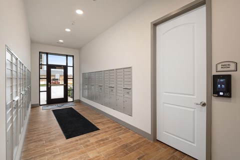 A hallway with a black mat on the floor and a white door on the right.