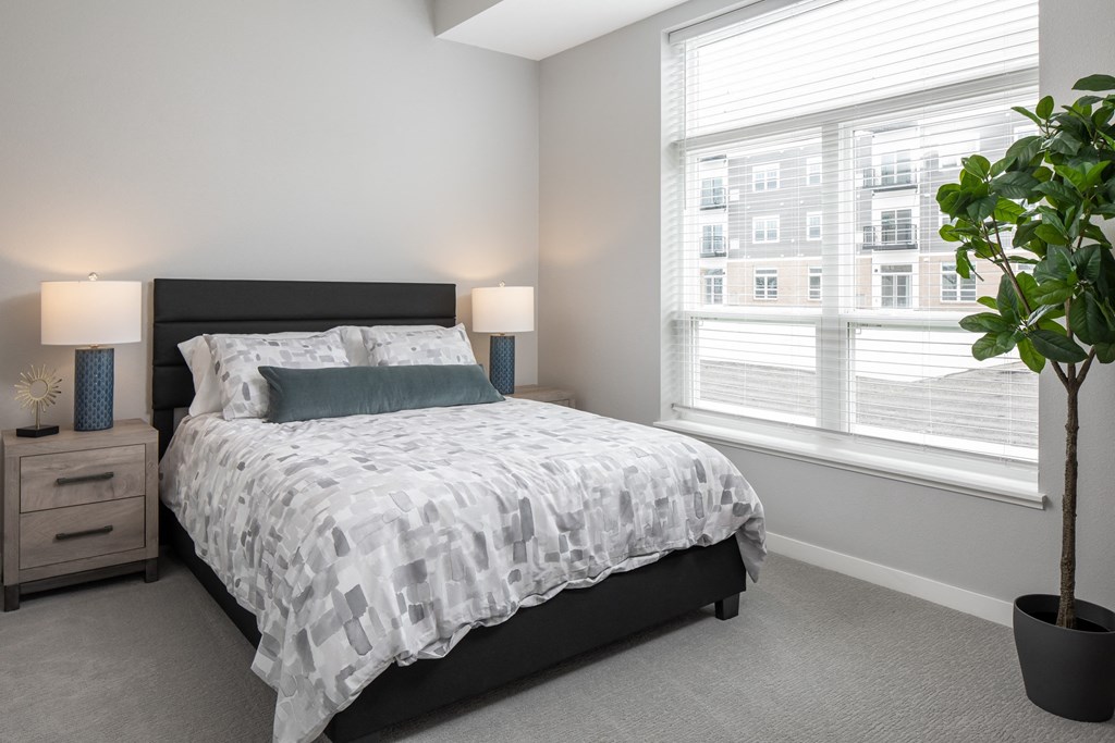 a bedroom with a bed and two windows  at The Edison at Woodbury, Woodbury, MN