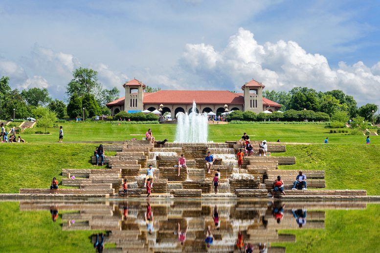 Lovely Waterfall and Seating at Aventura at Forest Park, St. Louis, MO 63110
