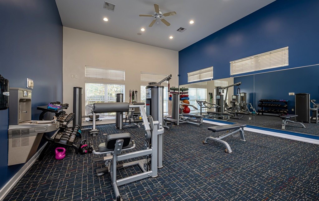 A spacious gym with a variety of equipment including a treadmill, weight bench, and a squat rack.