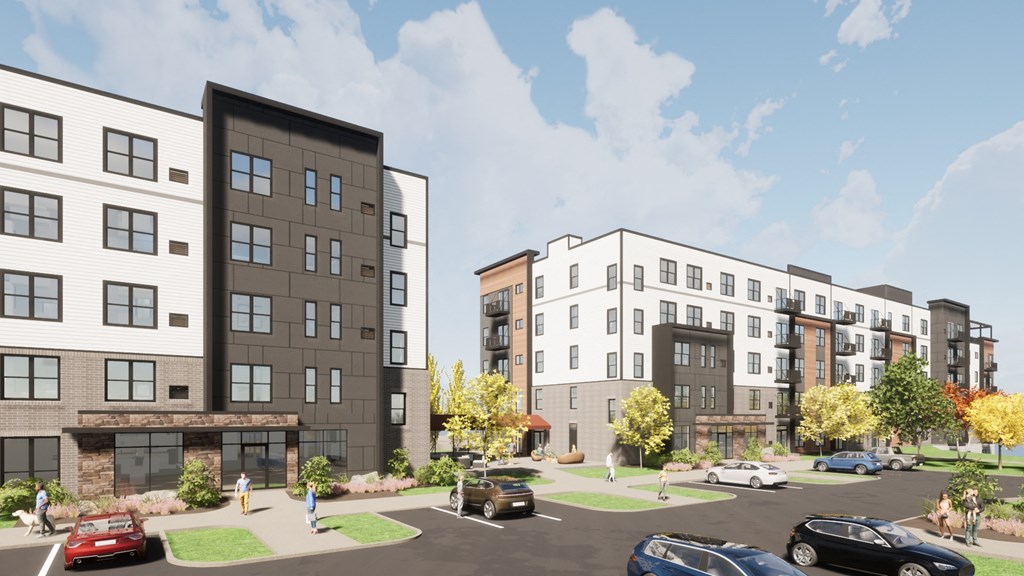 a rendering of an apartment building on a city street at The Edison at Maple Grove, Maple Grove, MN 55129