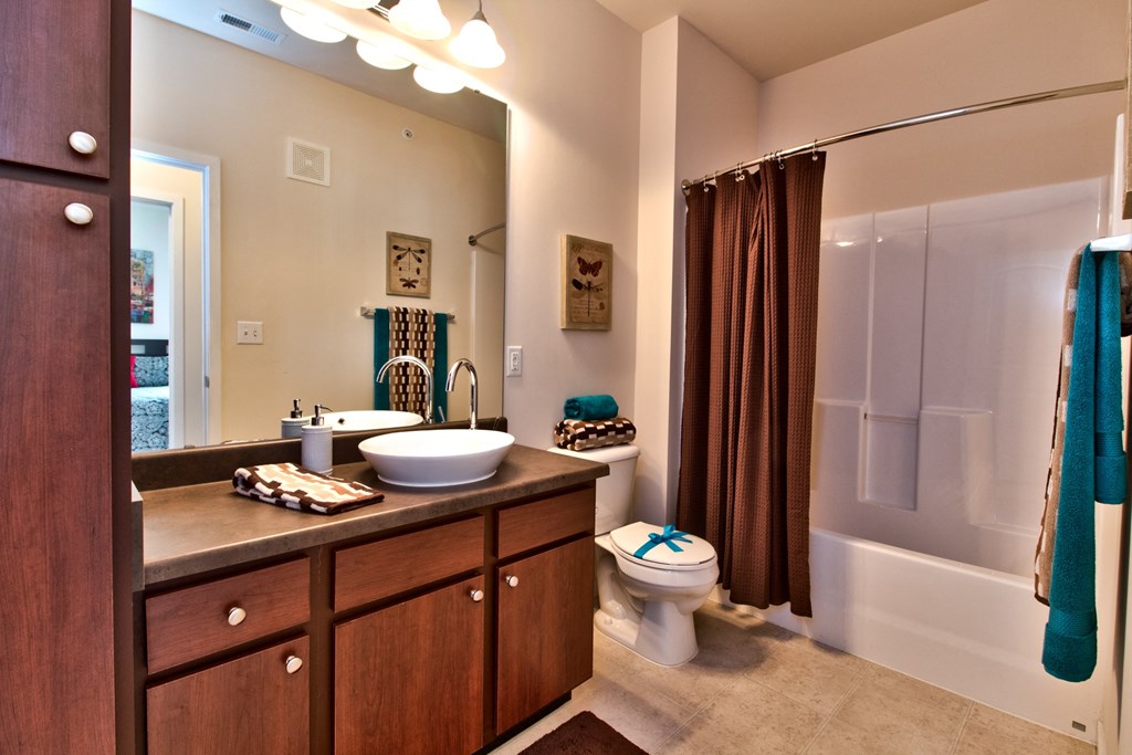 a bathroom with a sink and a toilet and a shower  at Aventura at Richmond, St. Peters, MO