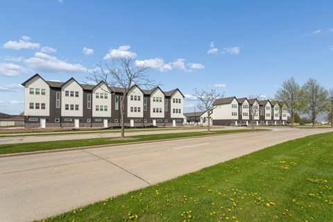 A row of houses with a tree in front of the first house.