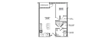 A floor plan of a small apartment with a living area, kitchen, and two bedrooms.