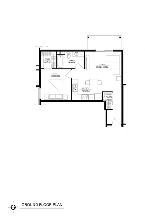 1 Bed/1 Bath, Lower Corner, Floorplan