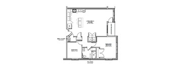 A floor plan of a home with a living area, kitchen, two bedrooms, a bathroom, and a mech closet.