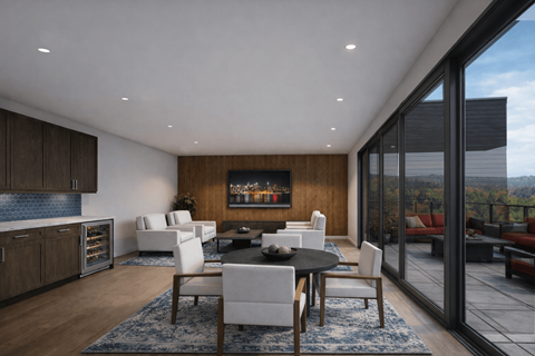 A modern dining room with a view of the outdoors.