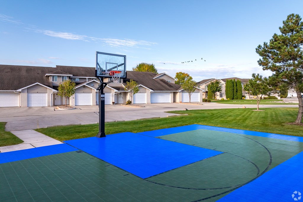 A basketball court with a hoop and a blue surface.