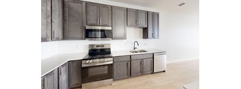 A modern kitchen with dark brown cabinets and stainless steel appliances.