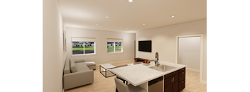A modern kitchen with a large island and a television mounted on the wall.