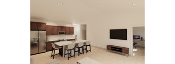 A modern kitchen with a dining table and chairs.