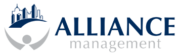 The image features a logo with the words "ALLIANCE management" and a graphic of a city skyline and two people.