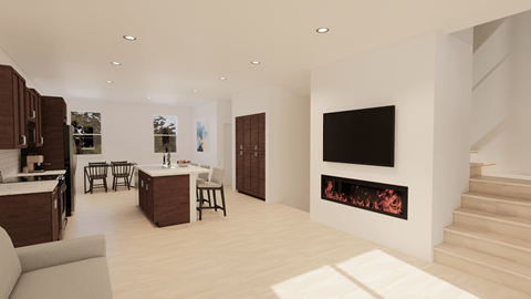 A modern living room with a fireplace and a television.