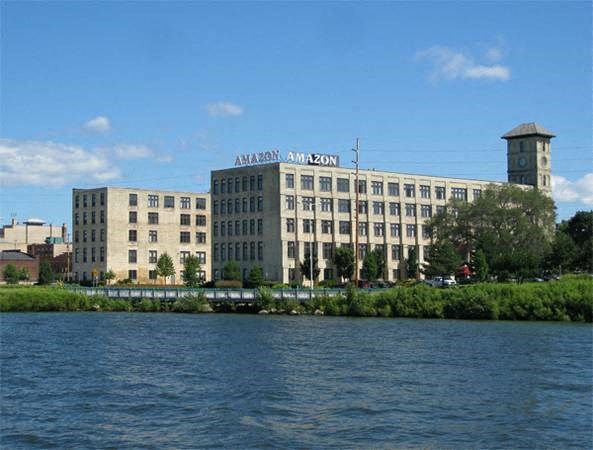 A large building with the word "AMAZON" written on it.