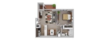 A 3D rendered image of a small apartment layout.