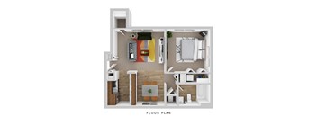 A floor plan of a small apartment with a kitchen, living room, and bathroom.