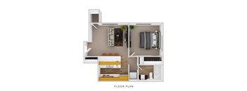 A floor plan of a small apartment with a kitchen, living room, and bedrooms.