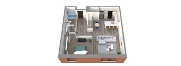 A 3D floor plan of a house with a living room, kitchen, and two bedrooms.