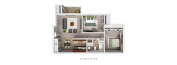 A floor plan of a house with a kitchen, living room, dining room, and bathrooms.