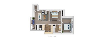 A floor plan of a small apartment with a kitchen, living room, and two bedrooms.
