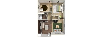 A four-panel image showing a small apartment layout with a living room, kitchen, and bathroom.