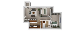 A 3D floor plan of a small apartment with a kitchen, living room, and bathroom.