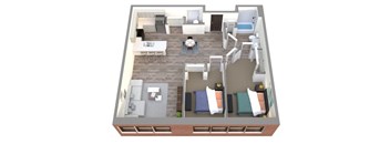 A 3D floor plan of a house with a living room, dining room, kitchen, and bedrooms.