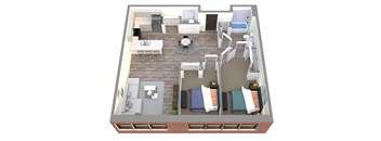 A 3D floor plan of a small apartment with a living room, kitchen, and bedrooms.