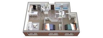A 3D floor plan of a house with a kitchen, living room, and bedrooms.