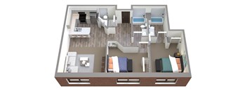 A 3D floor plan of a house with two bedrooms, a living room, a kitchen, a bathroom, and a balcony.